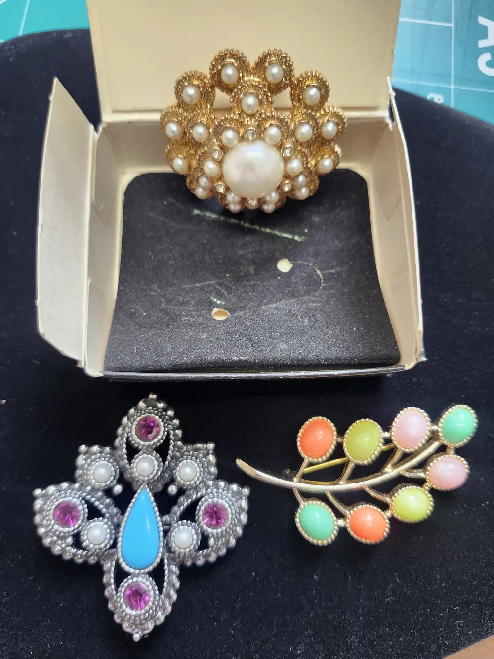 Sarah Coventry Gold Pearl Floral Brooch Trio with Multicolor Lot Of 3